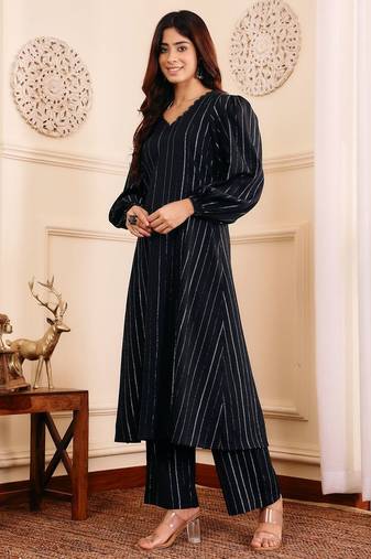 Striped Woven Design Silk Crepe Kurta With Trousers