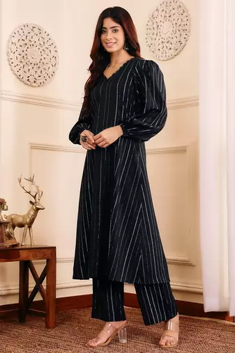 Striped Woven Design Silk Crepe Kurta With Trousers