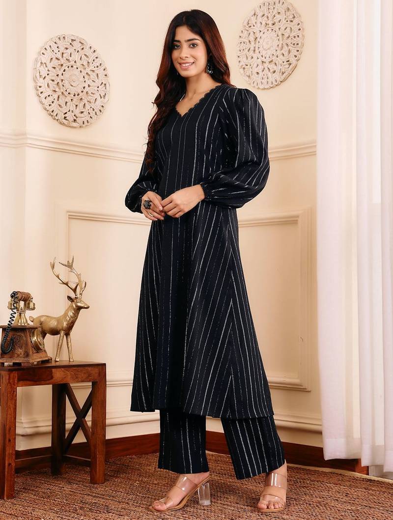 Striped Woven Design Silk Crepe Kurta With Trousers