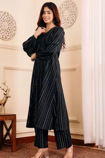 Striped Woven Design Silk Crepe Kurta With Trousers