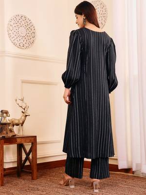 Striped Woven Design Silk Crepe Kurta With Trousers 5