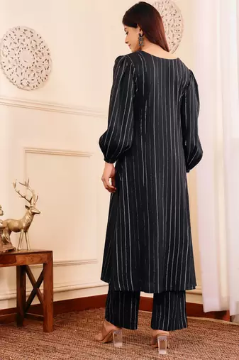 Striped Woven Design Silk Crepe Kurta With Trousers