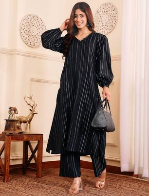 Striped Woven Design Silk Crepe Kurta With Trousers 6