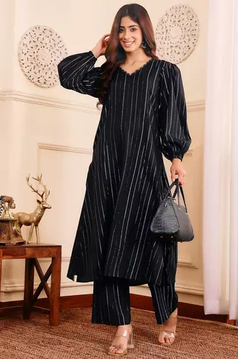 Striped Woven Design Silk Crepe Kurta With Trousers