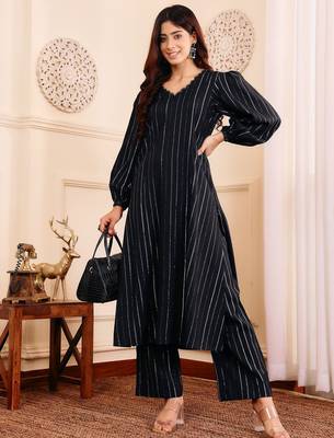 Striped Woven Design Silk Crepe Kurta With Trousers 7