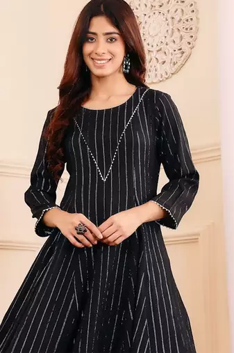 Women Striped Regular Gotta Patti Silk Crepe Kurta with Trouser