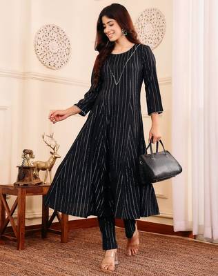 Women Striped Regular Gotta Patti Silk Crepe Kurta with Trouser 1