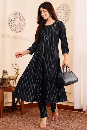 Women Striped Regular Gotta Patti Silk Crepe Kurta with Trouser