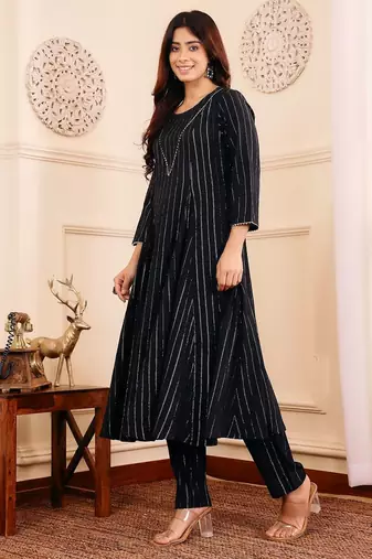 Women Striped Regular Gotta Patti Silk Crepe Kurta with Trouser