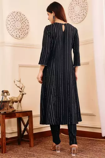 Women Striped Regular Gotta Patti Silk Crepe Kurta with Trouser