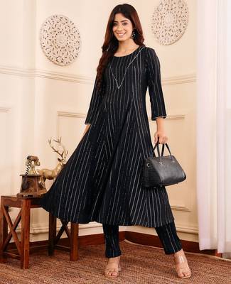 Women Striped Regular Gotta Patti Silk Crepe Kurta with Trouser 7