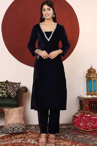 Women V Neck Zari Embroidered Velvet Kurta with Trouser