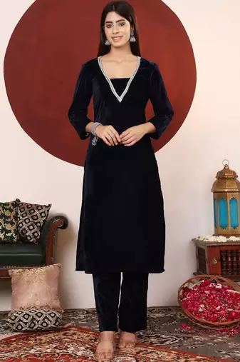 Women V Neck Zari Embroidered Velvet Kurta with Trouser