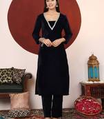 Women V Neck Zari Embroidered Velvet Kurta with Trouser