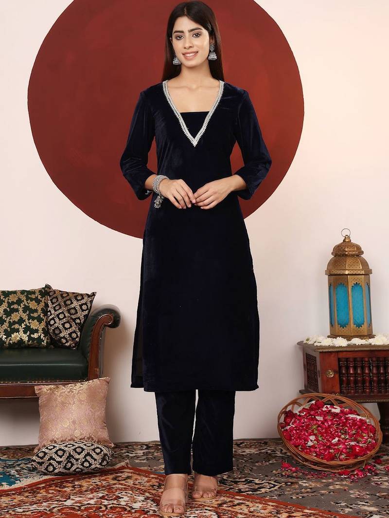 Women V Neck Zari Embroidered Velvet Kurta with Trouser