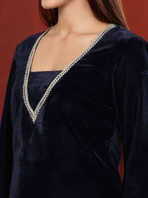 Women V Neck Zari Embroidered Velvet Kurta with Trouser 2
