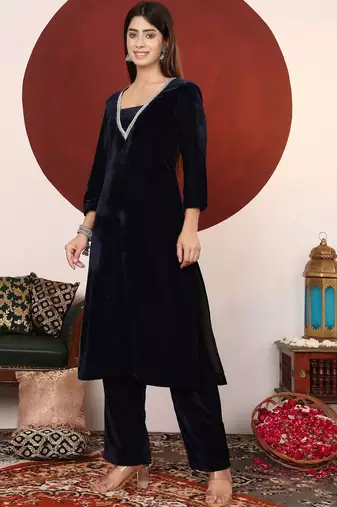Women V Neck Zari Embroidered Velvet Kurta with Trouser