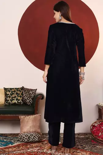 Women V Neck Zari Embroidered Velvet Kurta with Trouser