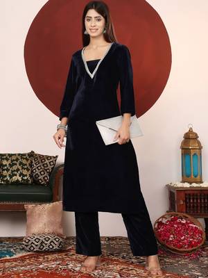 Women V Neck Zari Embroidered Velvet Kurta with Trouser 6