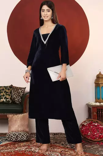 Women V Neck Zari Embroidered Velvet Kurta with Trouser