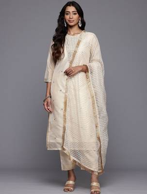 Ethnic Motifs Embroidered Sequinned Brocade Kurta With Trousers & Dupatta 1