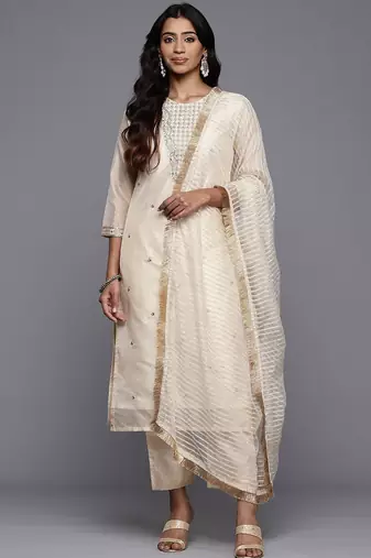 Ethnic Motifs Embroidered Sequinned Brocade Kurta With Trousers & Dupatta
