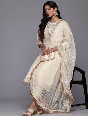 Ethnic Motifs Embroidered Sequinned Brocade Kurta With Trousers & Dupatta 7