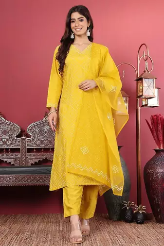 Geometric Embroidered Regular Thread Work Straight Kurta with Trousers & Dupatta