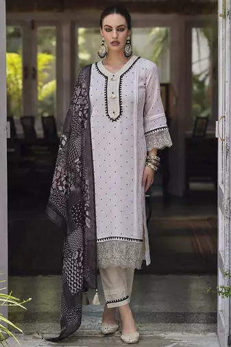Cream-Coloured & Black Floral Embroidered Thread Work Linen Kurta Set