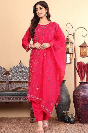 Geometric Embroidered Regular Thread Work Straight Kurta with Trousers & Dupatta