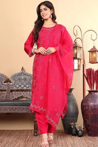Geometric Embroidered Regular Thread Work Straight Kurta with Trousers & Dupatta