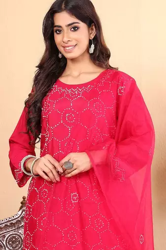Geometric Embroidered Regular Thread Work Straight Kurta with Trousers & Dupatta