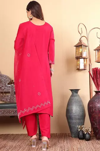 Geometric Embroidered Regular Thread Work Straight Kurta with Trousers & Dupatta