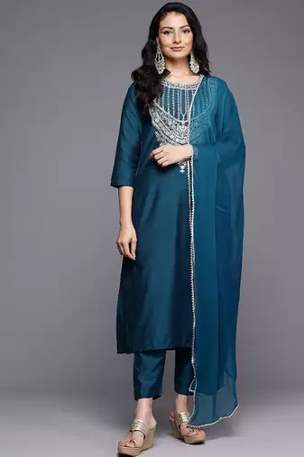Ethnic Motifs Embroidered Zari Kurta With Trousers & Dupatta