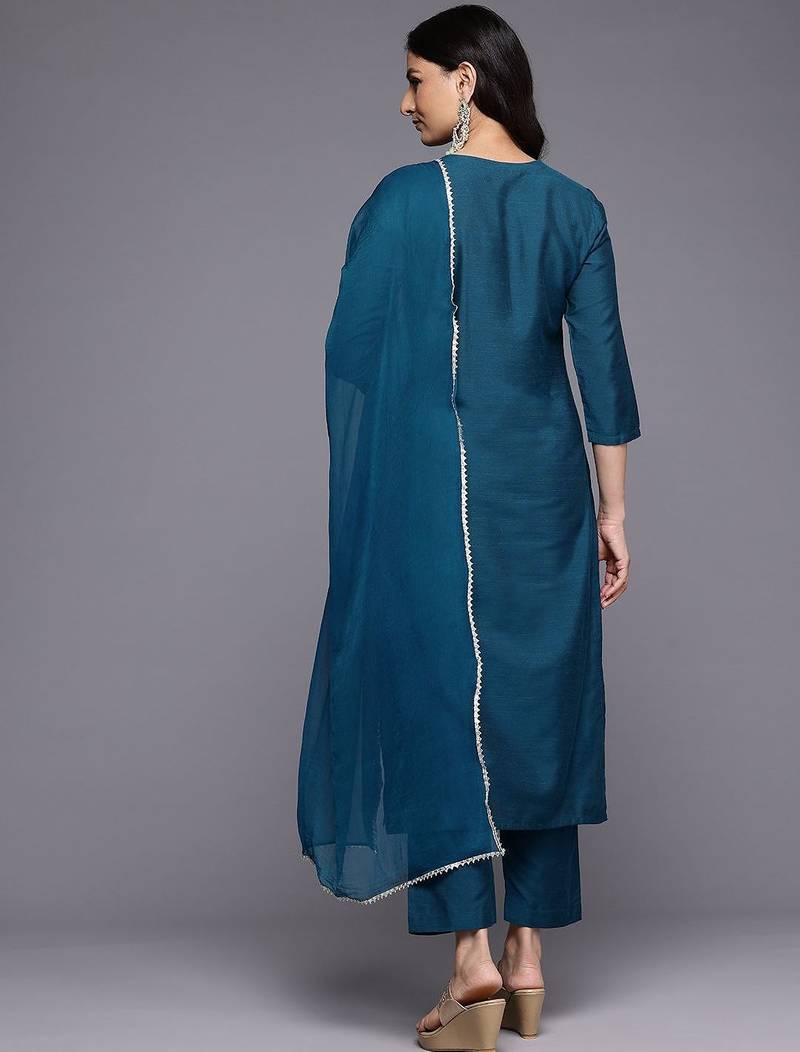 Ethnic Motifs Embroidered Zari Kurta With Trousers & Dupatta