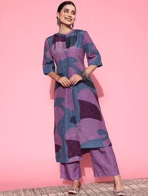 Abstract Printed Mandarin Collar Straight Kurta with Trousers 1