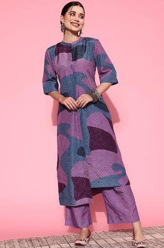 Abstract Printed Mandarin Collar Straight Kurta with Trousers