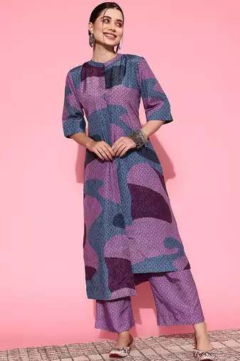 Abstract Printed Mandarin Collar Straight Kurta with Trousers