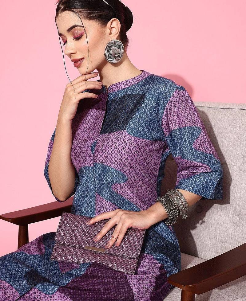 Abstract Printed Mandarin Collar Straight Kurta with Trousers