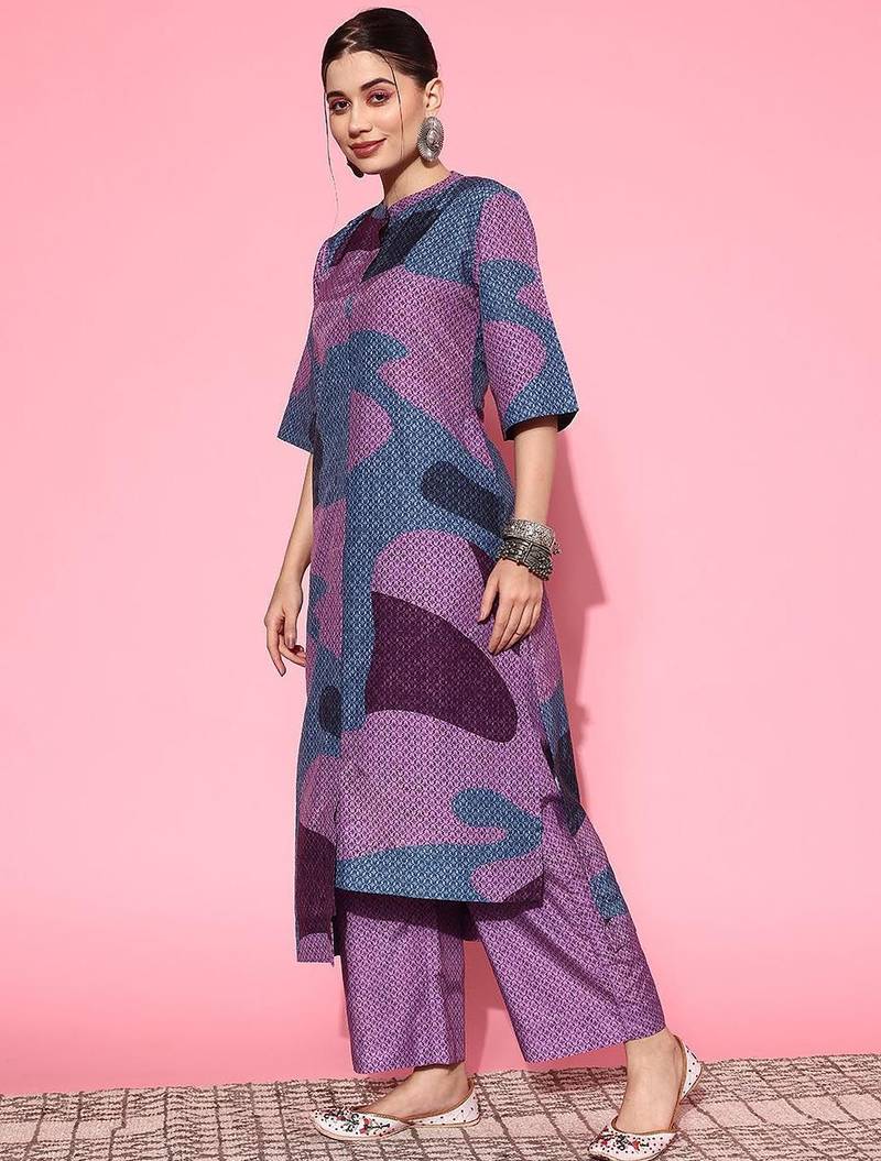 Abstract Printed Mandarin Collar Straight Kurta with Trousers