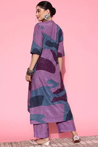 Abstract Printed Mandarin Collar Straight Kurta with Trousers