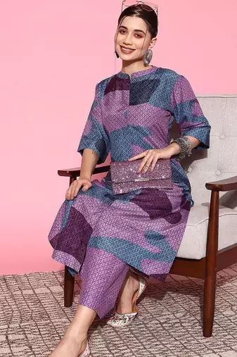 Abstract Printed Mandarin Collar Straight Kurta with Trousers