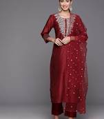 Floral Yoke Design Chanderi Silk Straight Kurta & Trousers With Dupatta