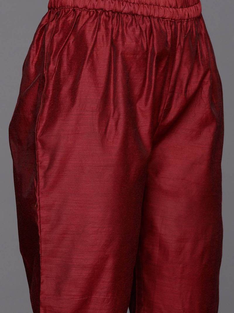 Floral Yoke Design Chanderi Silk Straight Kurta & Trousers With Dupatta