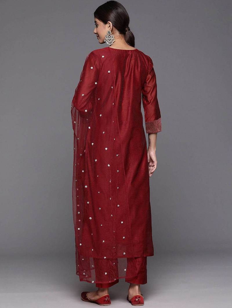Floral Yoke Design Chanderi Silk Straight Kurta & Trousers With Dupatta