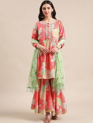 Floral Printed Empire Mirror Work Anarkali Kurta with Sharara & With Dupatta 1