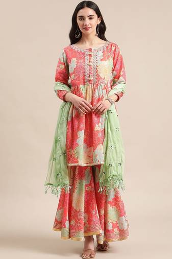 Floral Printed Empire Mirror Work Anarkali Kurta with Sharara & With Dupatta