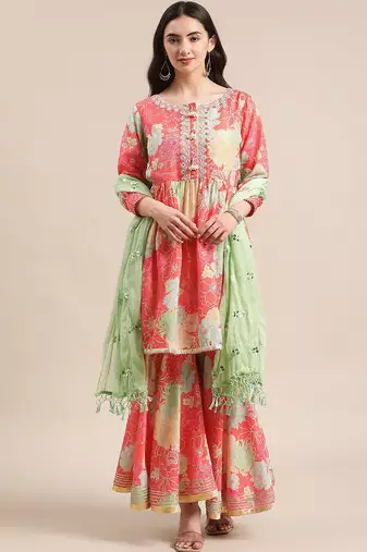 Floral Printed Empire Mirror Work Anarkali Kurta with Sharara & With Dupatta