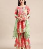 Floral Printed Empire Mirror Work Anarkali Kurta with Sharara & With Dupatta