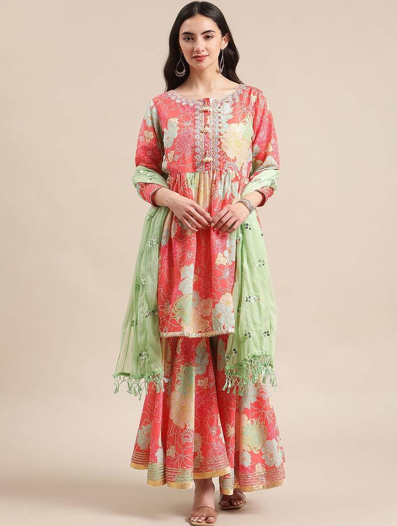 Floral Printed Empire Mirror Work Anarkali Kurta with Sharara & With Dupatta